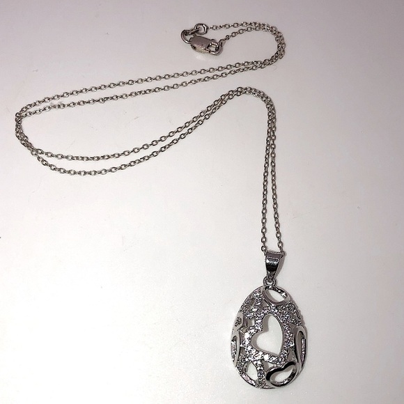 Sterling Silver & Cz Heart Egg Shaped Pendant w Chain / 16” + 1” Pendant - Picture 3 of 10